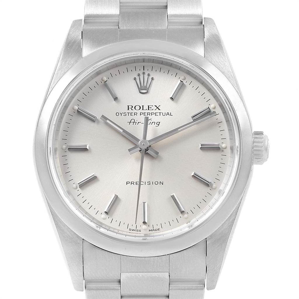 The Rolex Air-King 14000 Men's Stainless Steel Silver Dial 14000 Men's Stainless Steel Silver Dial watch is shown from a front angle, displaying the dial, hands, markers, and part of the stainless steel bracelet.