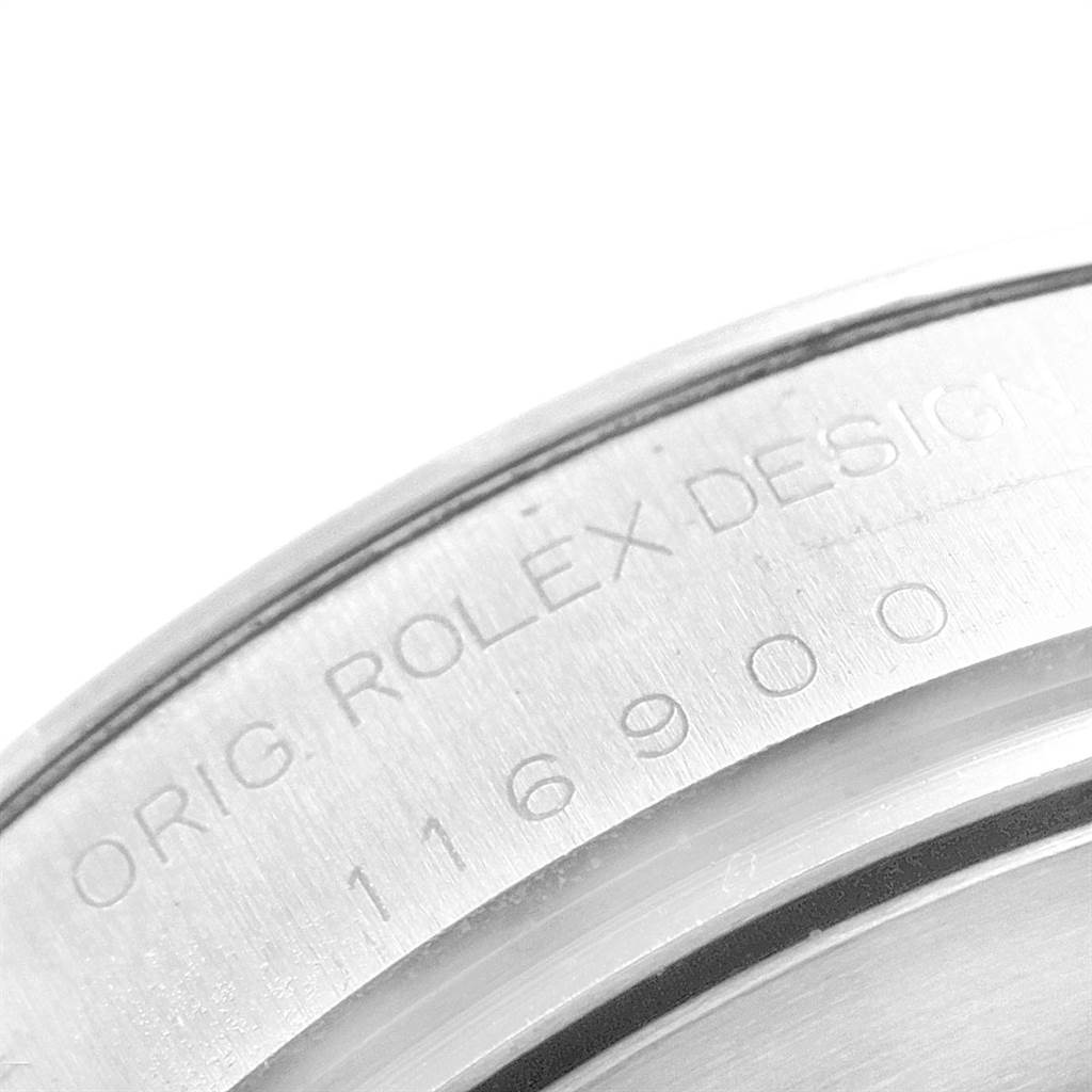 The image shows a close-up of the engraved case back of a Rolex Air-King 116900 Men's Stainless Steel Black Dial 116900 Men's Stainless Steel Black Dial watch, displaying "ORIG ROLEX DESIGN" and the model number 116900.