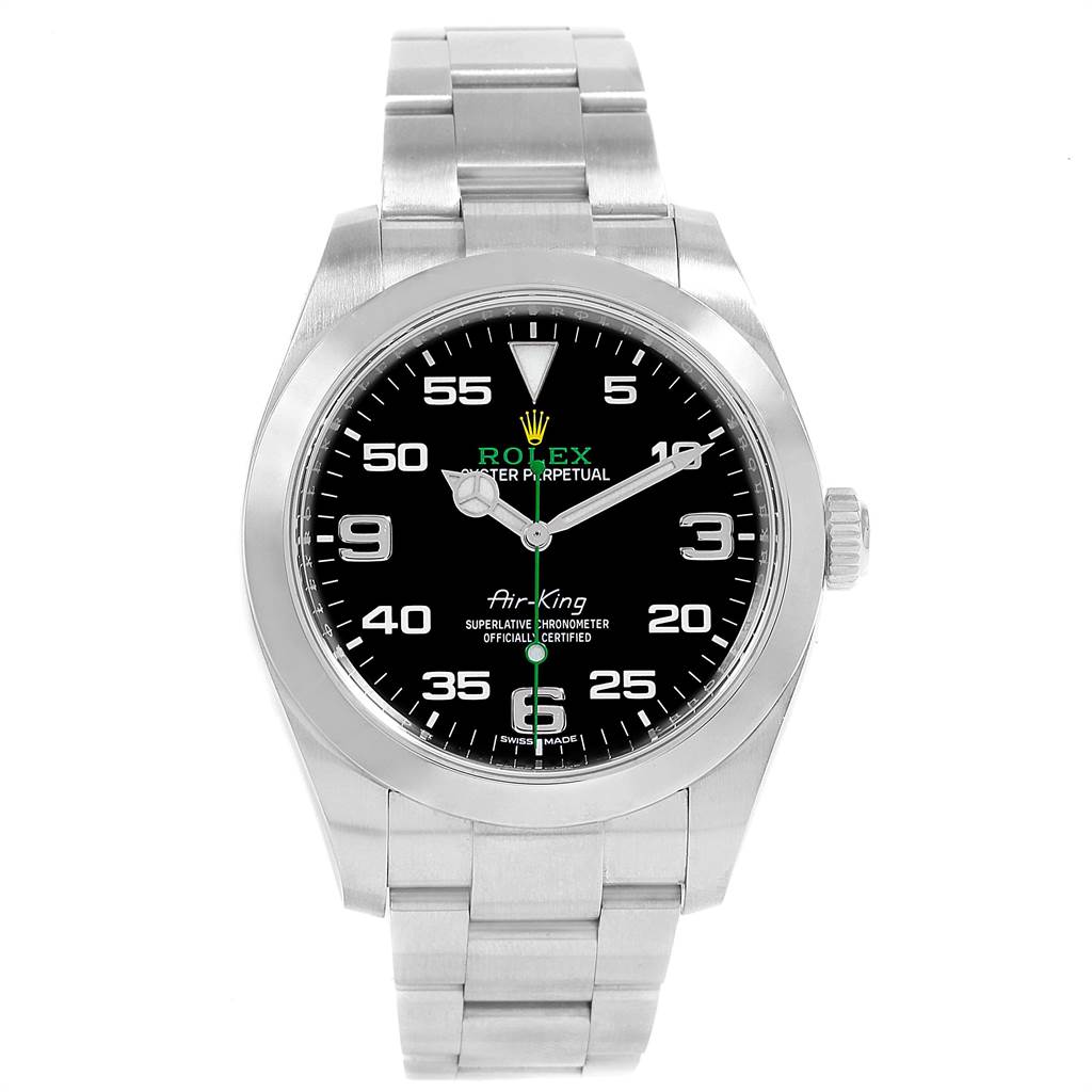 The Rolex Air-King 116900 Men's Stainless Steel Black Dial 116900 Men's Stainless Steel Black Dial watch is shown from a front angle, displaying its face, bezel, crown, and bracelet.