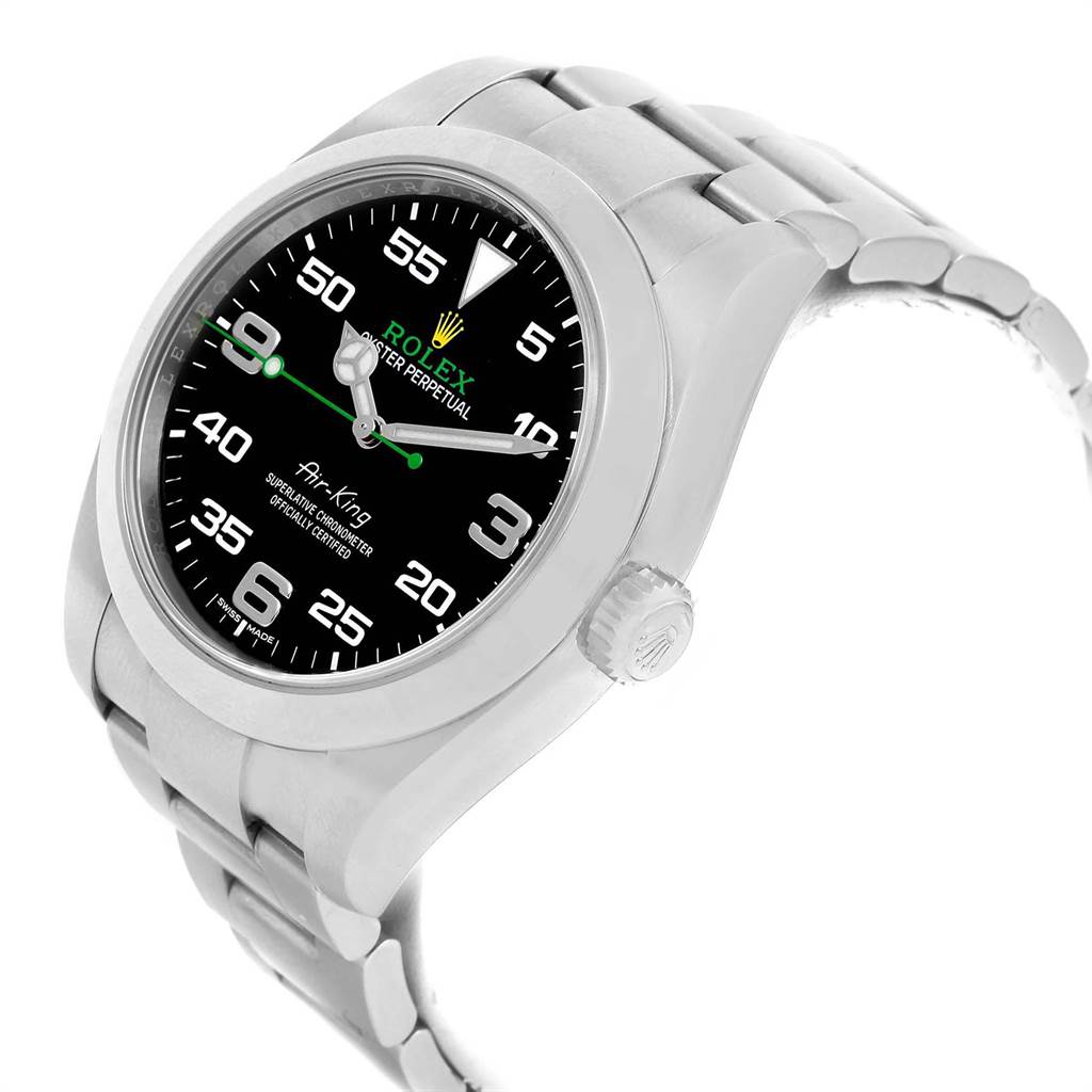 The Rolex Air-King 116900 Men's Stainless Steel Black Dial 116900 Men's Stainless Steel Black Dial watch is shown at a slight angle, displaying the dial, crown, and part of the bracelet.