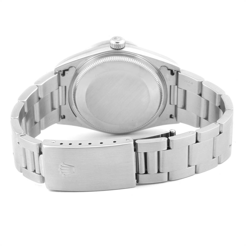 The image shows the back view of a Rolex Air-King 14010 Men's Stainless Steel White Dial 14010 Men's Stainless Steel White Dial watch, featuring the case back, crown, and the bracelet with the clasp.