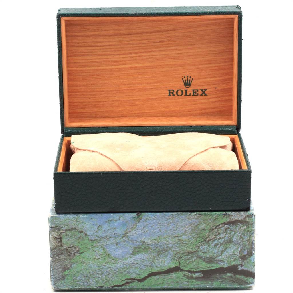 The image shows the open box of a Rolex Air-King 14010 Men's Stainless Steel White Dial 14010 Men's Stainless Steel White Dial watch, with the watch inside a suede pouch.