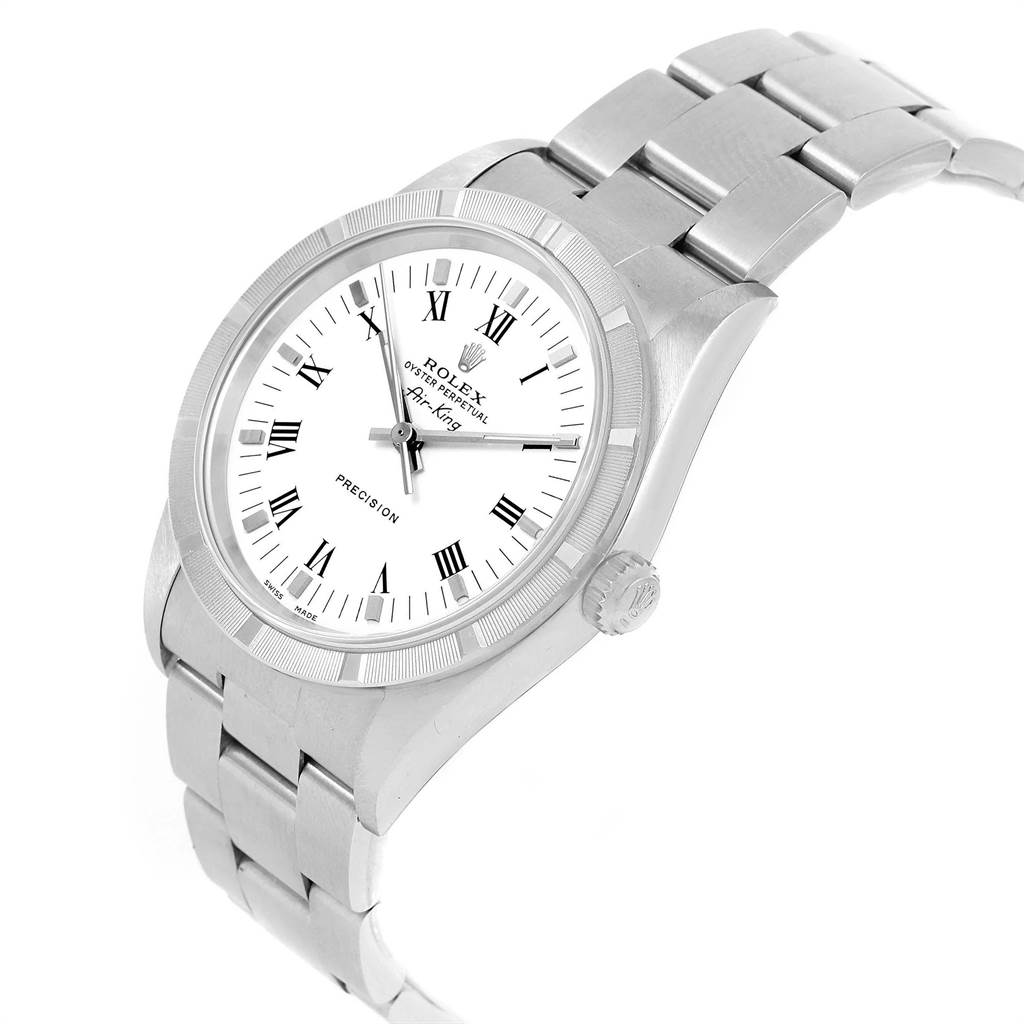 The Rolex Air-King 14010 Men's Stainless Steel White Dial 14010 Men's Stainless Steel White Dial watch is shown at an angled front view, highlighting its face, crown, and bracelet.