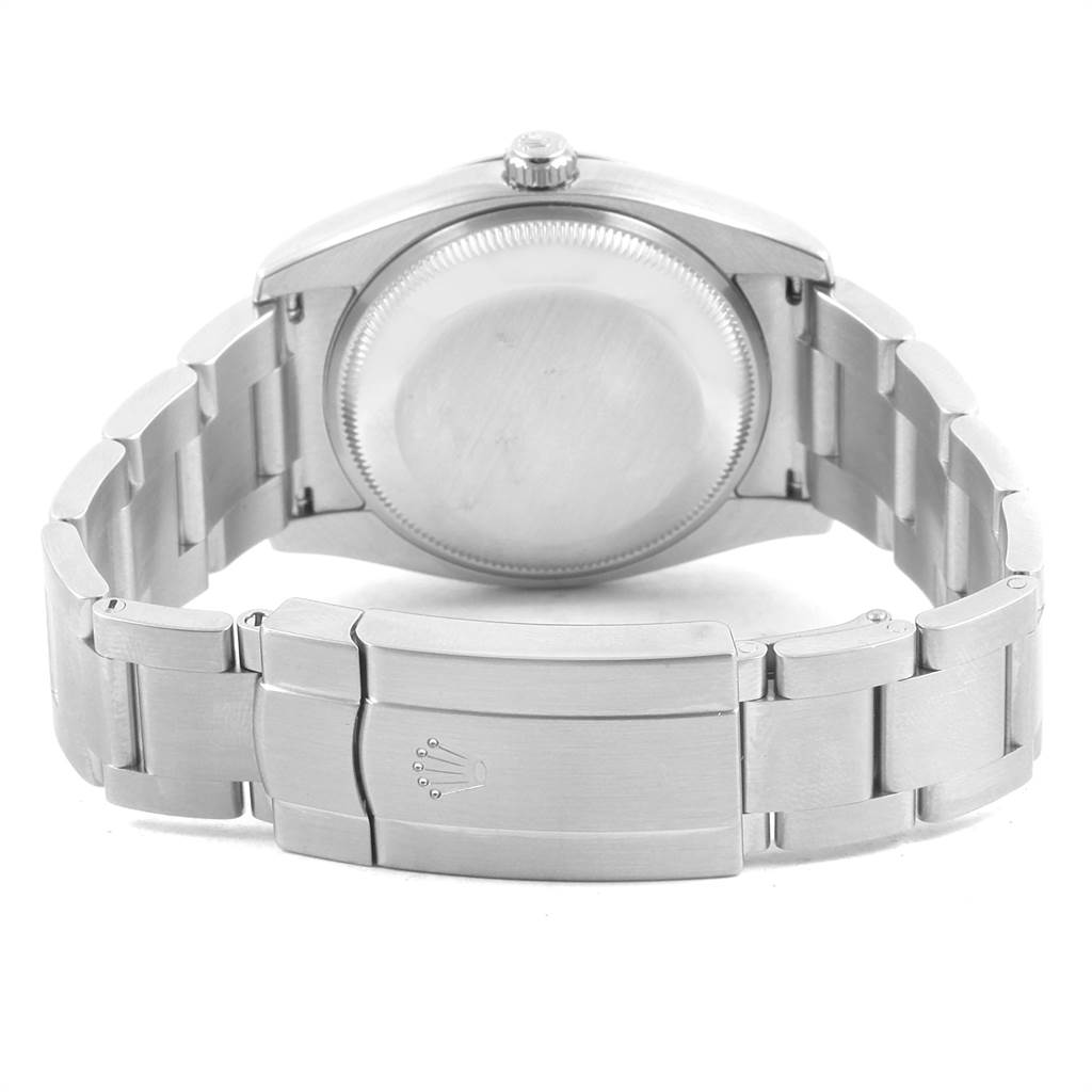 This image shows the back case and bracelet clasp of the Rolex Air-King 114200 Men's Stainless Steel Silver Dial 114200 Men's Stainless Steel Silver Dial watch from a rear angle.