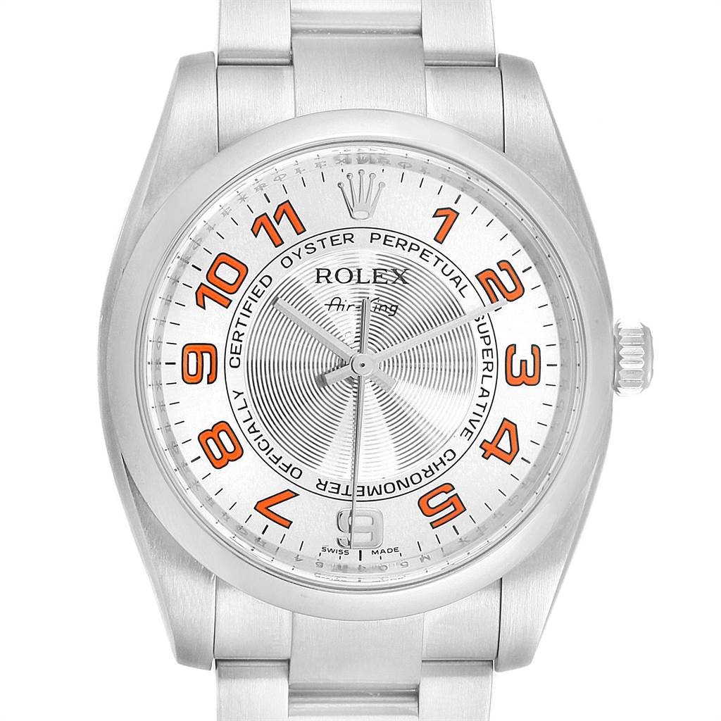 The image shows a frontal view of a Rolex Air-King 114200 Men's Stainless Steel Silver Dial 114200 Men's Stainless Steel Silver Dial watch, highlighting its face, hands, numerals, and part of the bracelet.