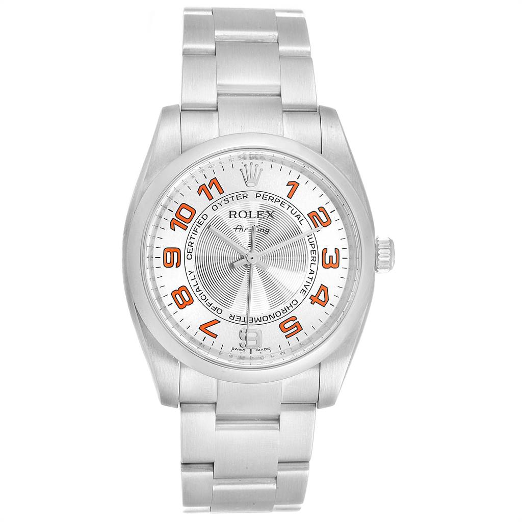 The image shows a front view of the Rolex Air-King 114200 Men's Stainless Steel Silver Dial 114200 Men's Stainless Steel Silver Dial watch, displaying its dial, bezel, and stainless steel bracelet.