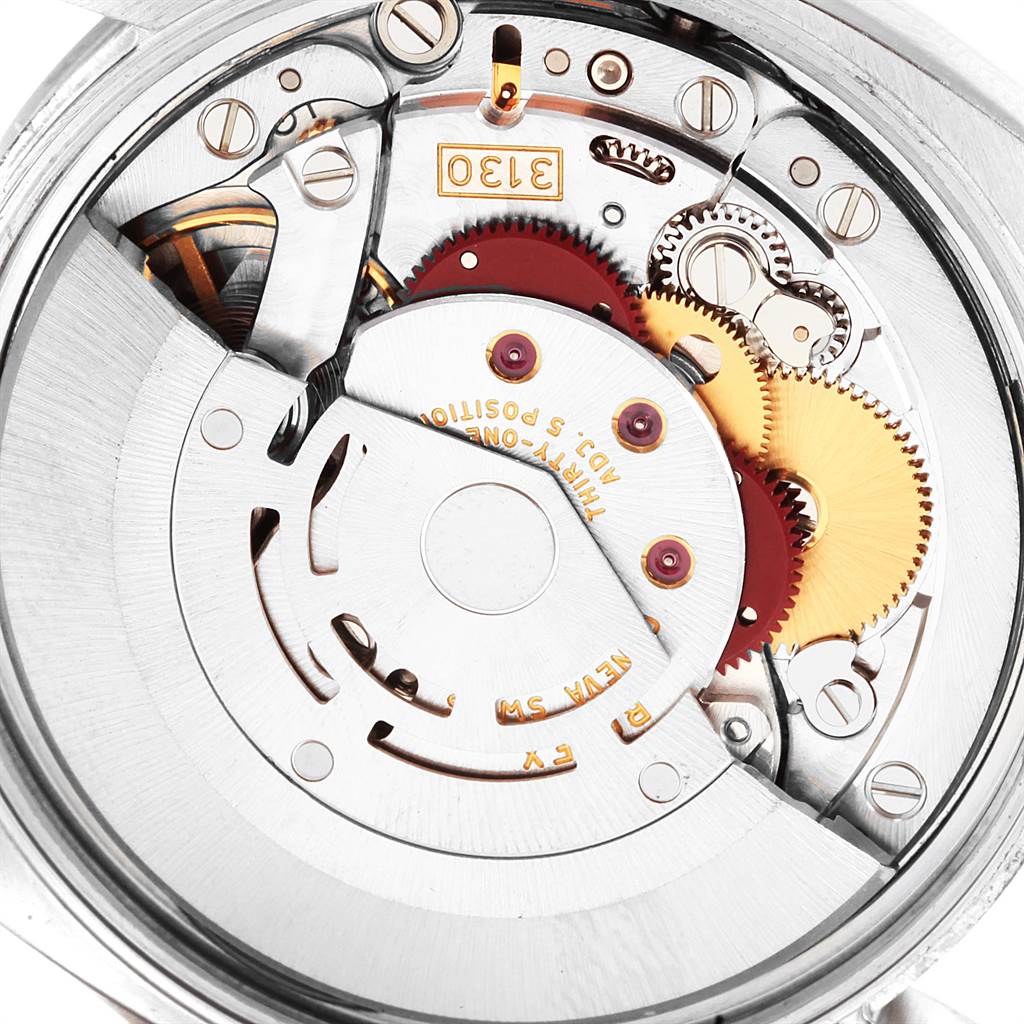 This image shows the internal mechanical movement of the Rolex Air-King 114200 Men's Stainless Steel Silver Dial 114200 Men's Stainless Steel Silver Dial watch from a top-down angle.