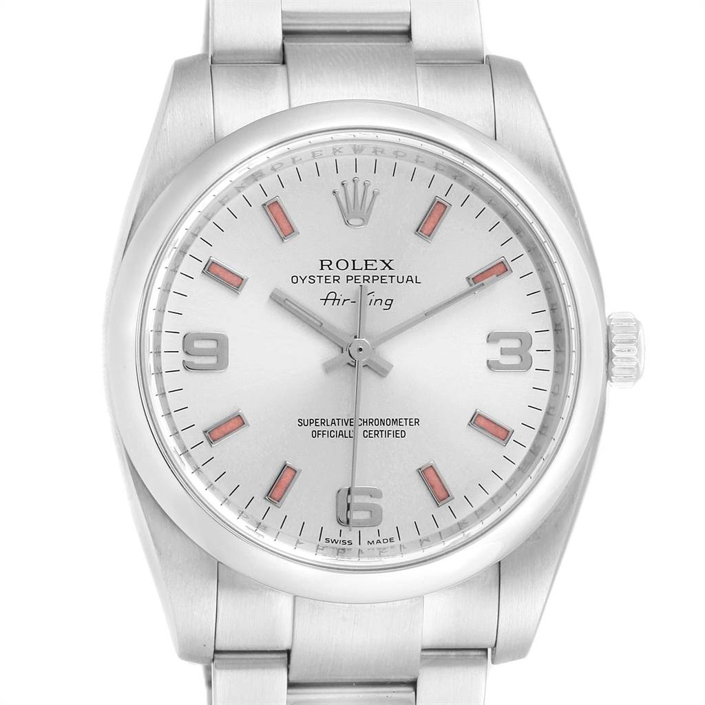 The image shows a front view of the Rolex Air-King 114200 Men's Stainless Steel Silver Dial 114200 Men's Stainless Steel Silver Dial watch, highlighting its dial and bracelet.