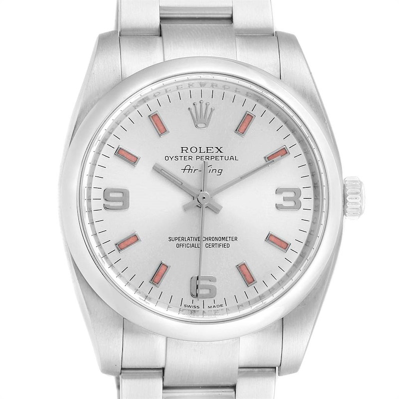 Rolex Air King Silver Dial Pink Index Hour Markers Steel Watch 114200 SwissWatchExpo