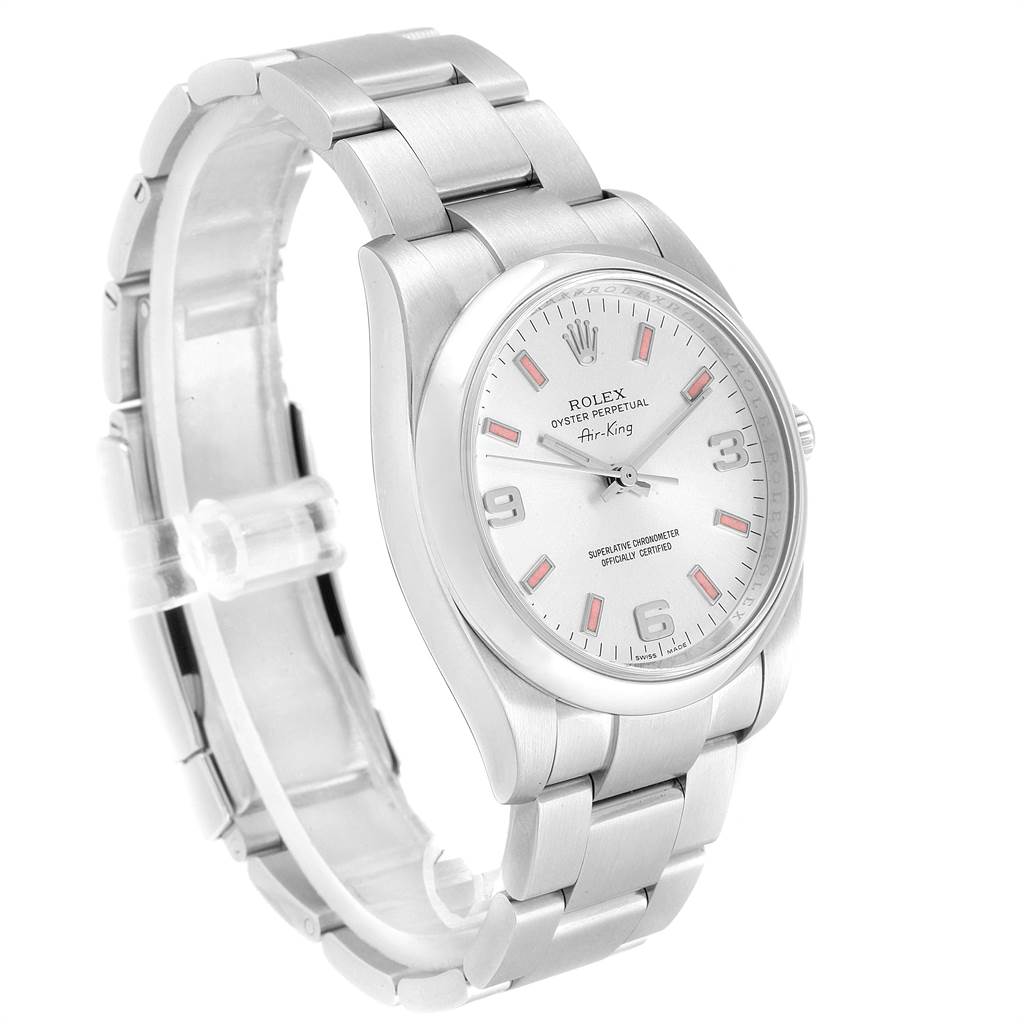 The Rolex Air-King 114200 Men's Stainless Steel Silver Dial 114200 Men's Stainless Steel Silver Dial watch is shown at a slight angle, highlighting the face, bracelet, and clasp in a silver finish.