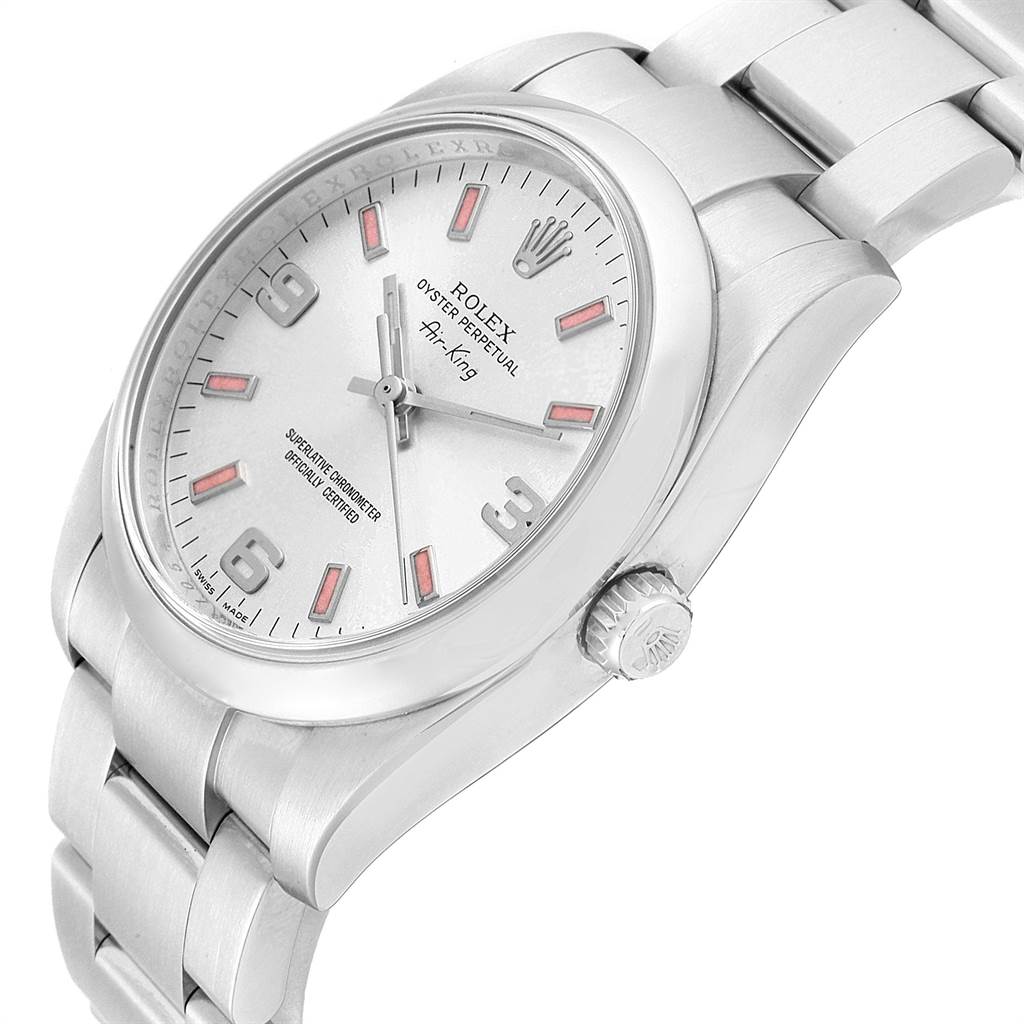 The image shows a Rolex Air-King 114200 Men's Stainless Steel Silver Dial 114200 Men's Stainless Steel Silver Dial watch from a side angle, highlighting the dial, crown, and bracelet.