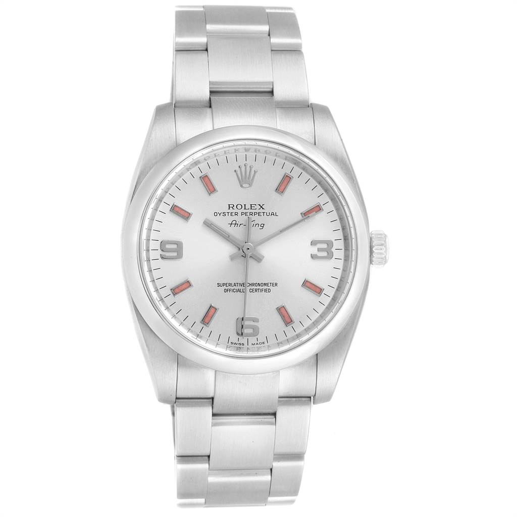 The image shows a front view of a Rolex Air-King 114200 Men's Stainless Steel Silver Dial 114200 Men's Stainless Steel Silver Dial watch, displaying its face, bezel, and bracelet.