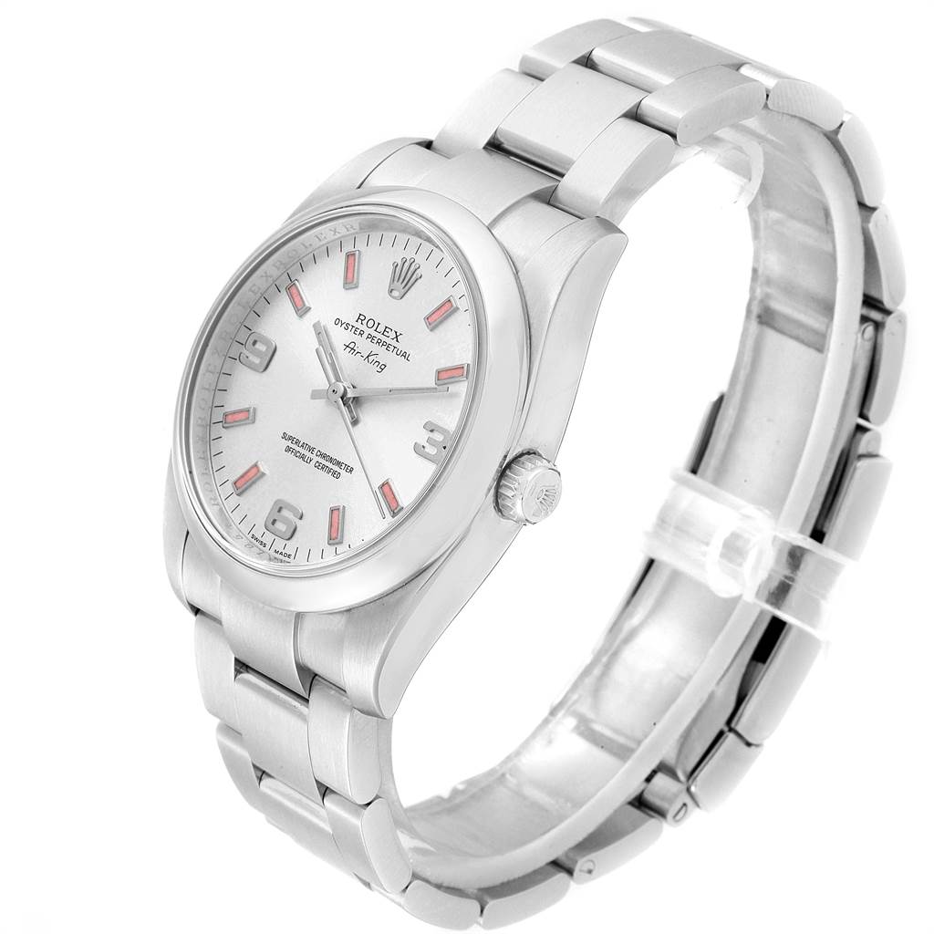 The Rolex Air-King 114200 Men's Stainless Steel Silver Dial 114200 Men's Stainless Steel Silver Dial watch is shown at a three-quarter angle, displaying the face, crown, and bracelet.