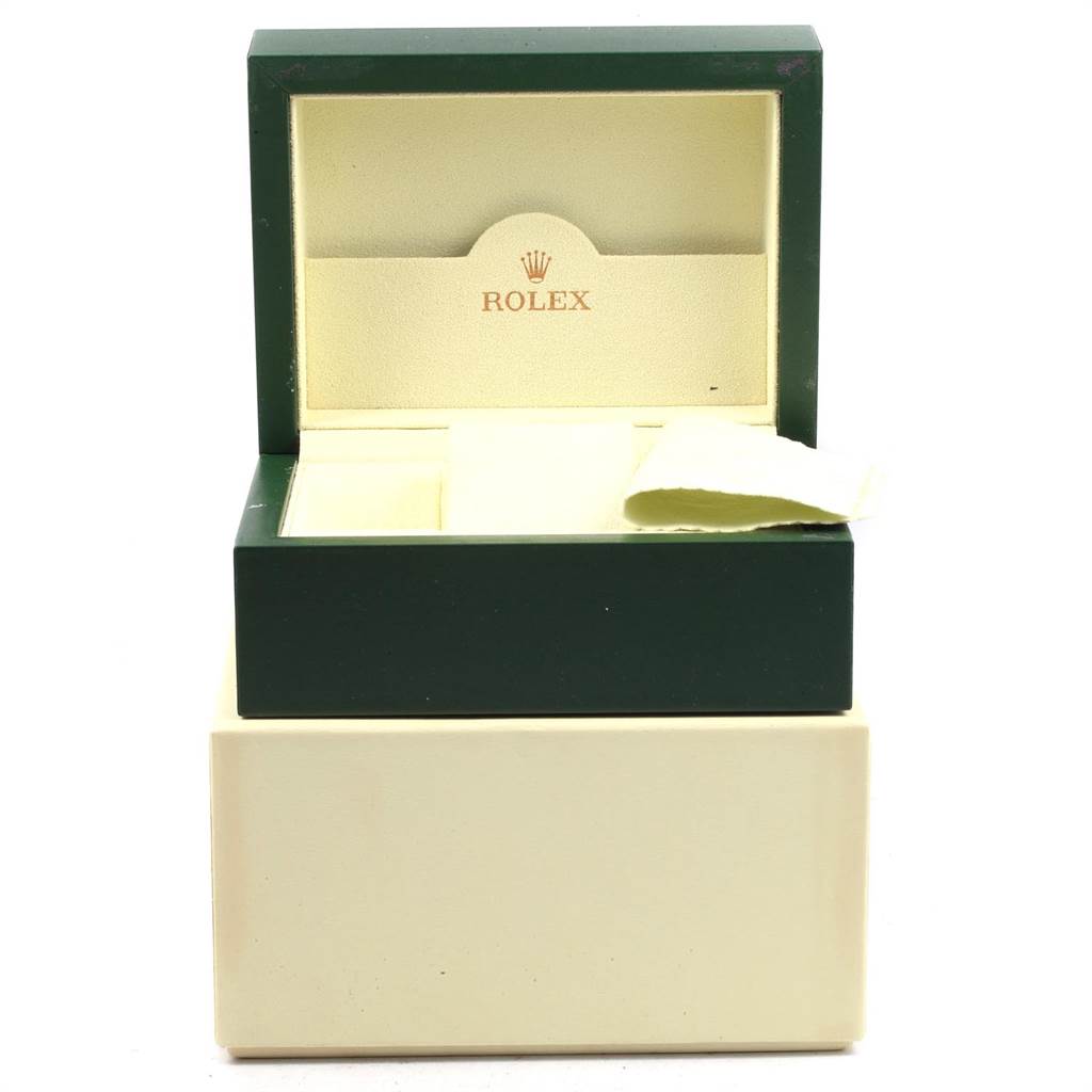 The image shows an open Rolex Air-King 114200 Men's Stainless Steel Silver Dial 114200 Men's Stainless Steel Silver Dial watch box, displaying the interior cushioning and the Rolex logo.