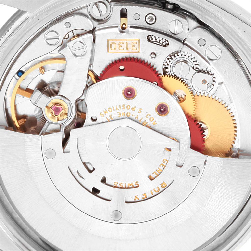 This close-up image shows the internal mechanism and gears of a Rolex Air-King 114200 Men's Stainless Steel Silver Dial 114200 Men's Stainless Steel Silver Dial watch.