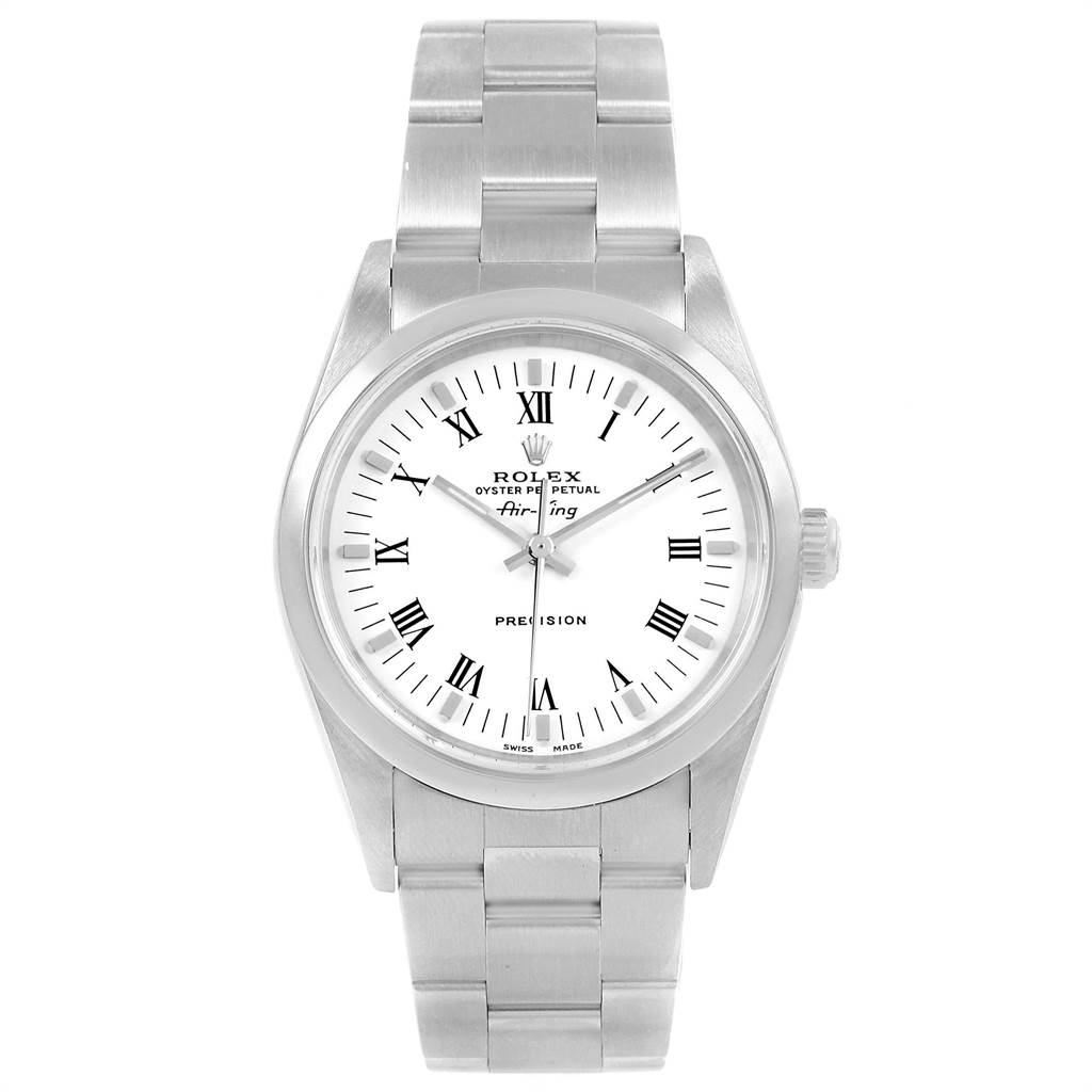 The image shows a front view of a Rolex Air-King 14000 Men's Stainless Steel White Dial 14000 Men's Stainless Steel White Dial watch, clearly displaying the dial, hands, bracelet, and crown.