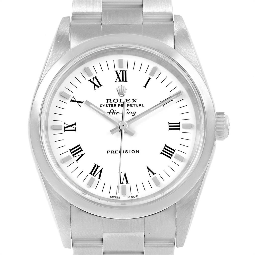 This image shows a front angle view of the Rolex Air-King 14000 Men's Stainless Steel White Dial 14000 Men's Stainless Steel White Dial watch, highlighting its face, bezel, and bracelet.