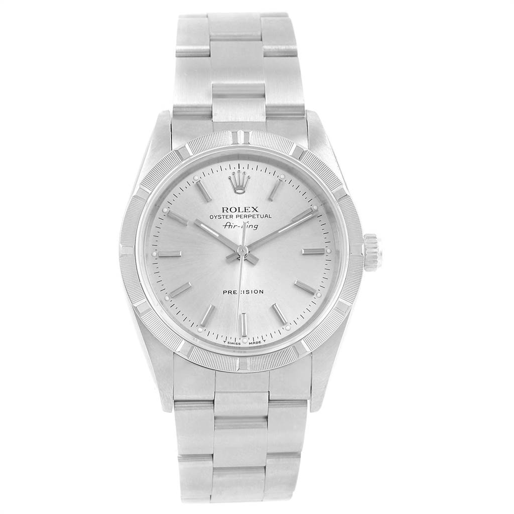 This image shows a front view of the Rolex Air-King 14010 Men's Stainless Steel Silver Dial 14010 Men's Stainless Steel Silver Dial watch, displaying its dial, bezel, crown, and bracelet.