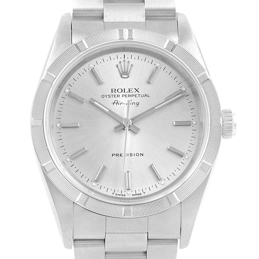The image shows a front view of a Rolex Air-King 14010 Men's Stainless Steel Silver Dial 14010 Men's Stainless Steel Silver Dial watch, featuring its face, bezel, crown, and part of its metal bracelet.