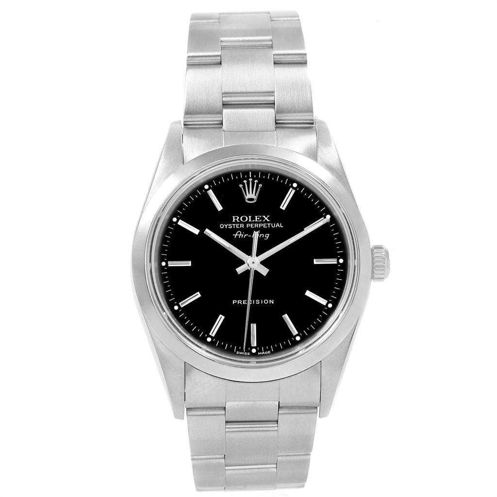 The Rolex Air-King 14000 Men's Stainless Steel Black Dial 14000 Men's Stainless Steel Black Dial watch is shown from a top-down angle, displaying the face, bezel, and bracelet.
