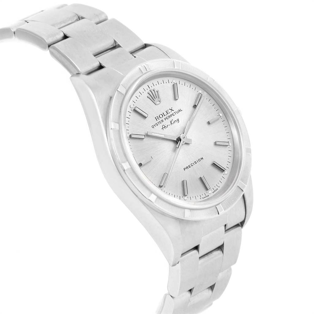 The image shows a Rolex Air-King 14010 Men's Stainless Steel Silver Dial 14010 Men's Stainless Steel Silver Dial watch at a 45-degree angle, highlighting the watch face, bracelet, and crown.