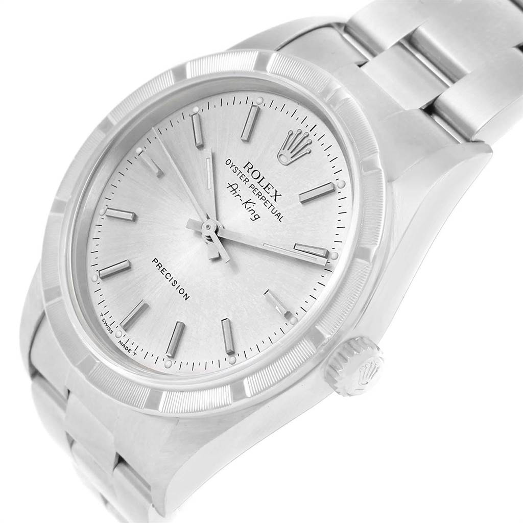 The Rolex Air-King 14010 Men's Stainless Steel Silver Dial 14010 Men's Stainless Steel Silver Dial watch is shown at an angled close-up, highlighting the dial, bezel, and part of the bracelet.