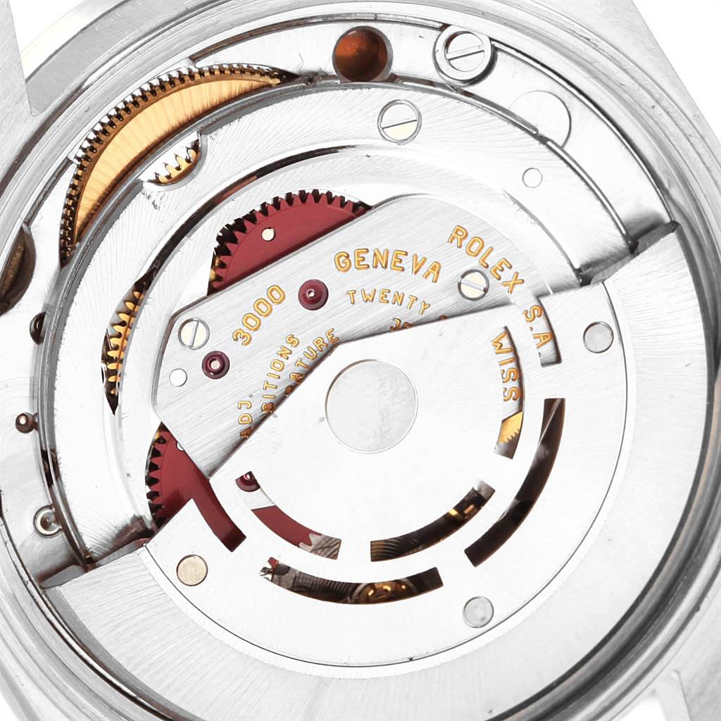 This is a close-up view of the Air-King by Rolex, showing the intricate internal movement mechanisms.