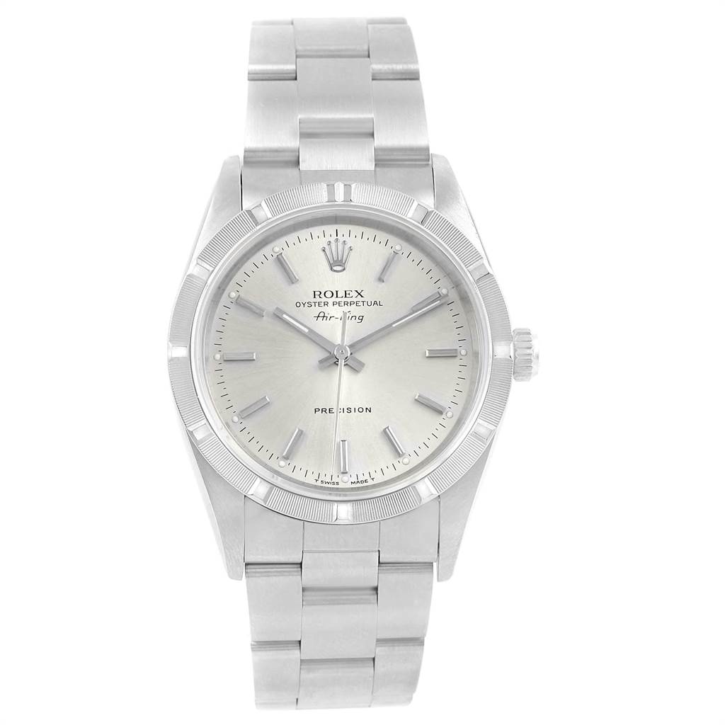 The image shows a front view of the Rolex Air-King 14010 Men's Stainless Steel Silver Dial 14010 Men's Stainless Steel Silver Dial watch, displaying its face, bezel, and bracelet.