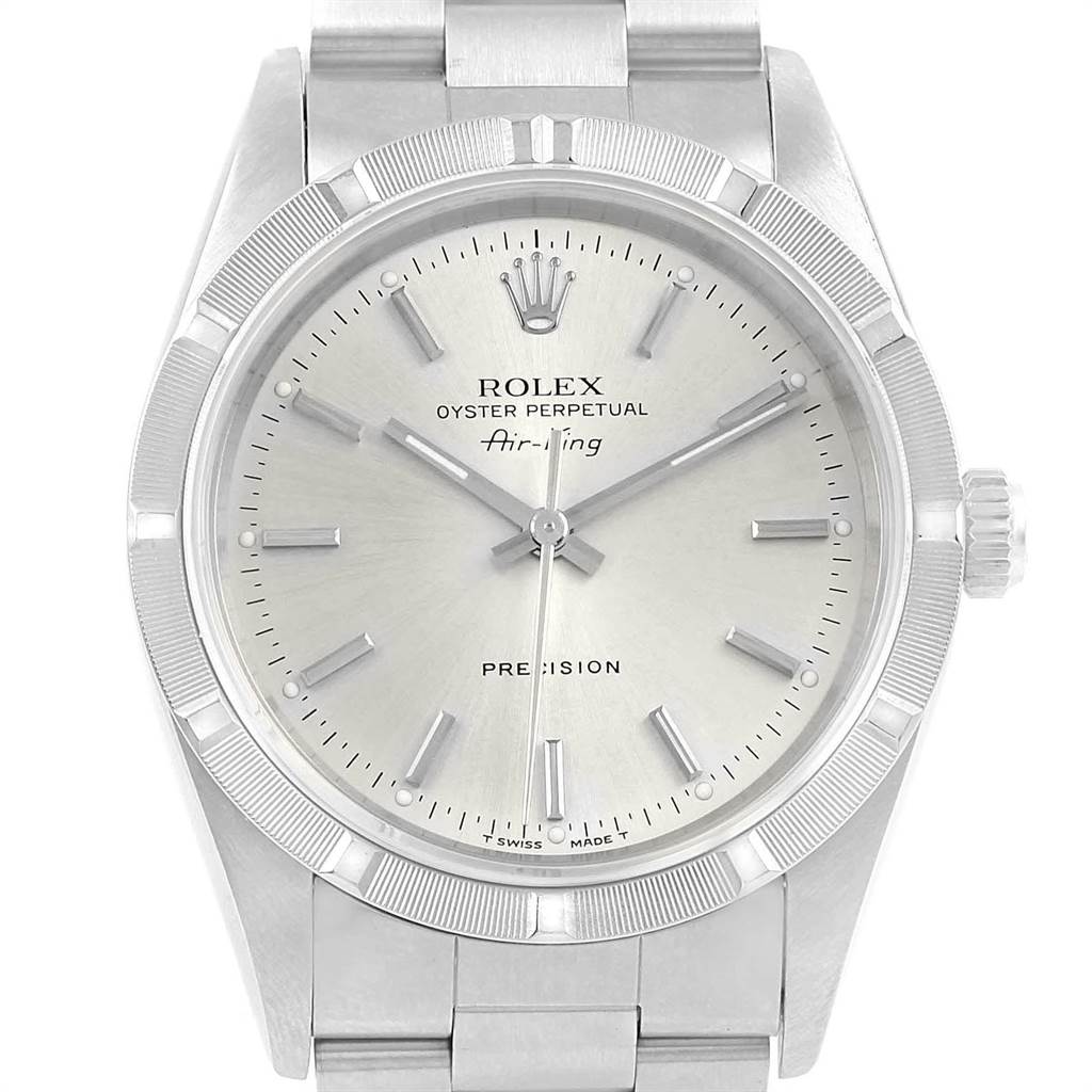 The image shows a frontal view of the Rolex Air-King 14010 Men's Stainless Steel Silver Dial 14010 Men's Stainless Steel Silver Dial watch, highlighting the dial, hands, crown, and part of the bracelet.
