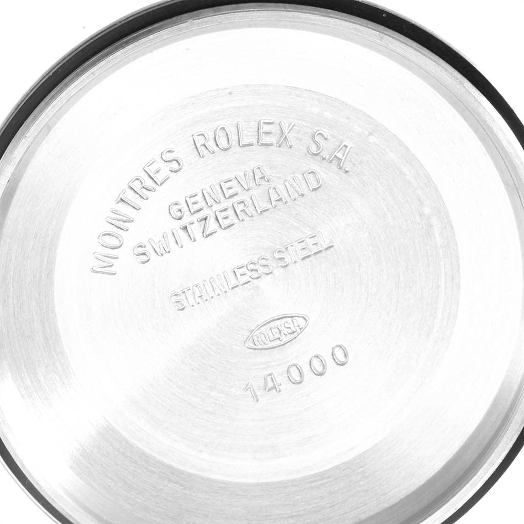 This image shows the inside case back of a Rolex Air-King 14000 Men's Stainless Steel Black Dial 14000 Men's Stainless Steel Black Dial watch, featuring engravings and model information.