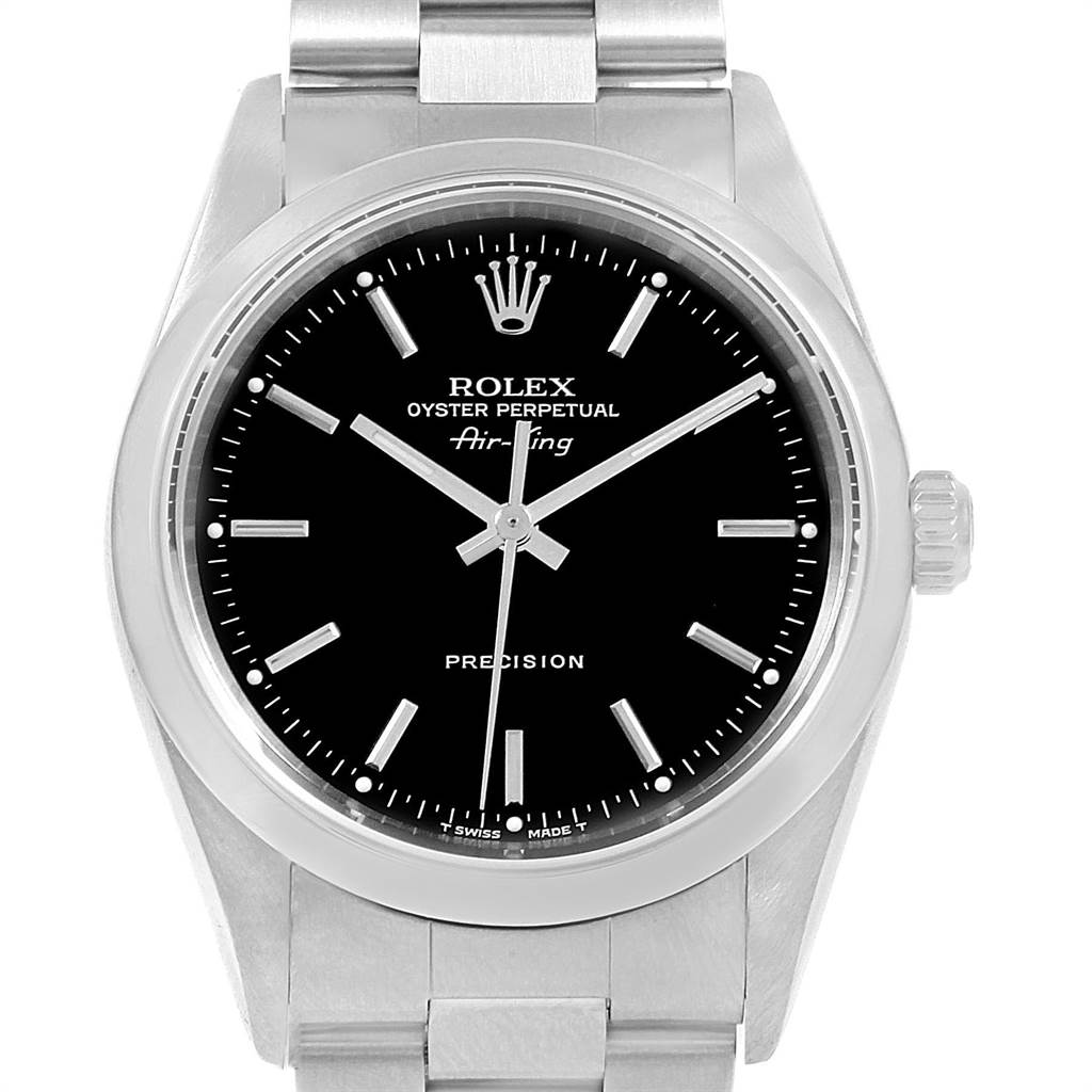The image shows a front view of a Rolex Air-King 14000 Men's Stainless Steel Black Dial 14000 Men's Stainless Steel Black Dial watch, displaying its black dial, crown, and parts of the metal bracelet.