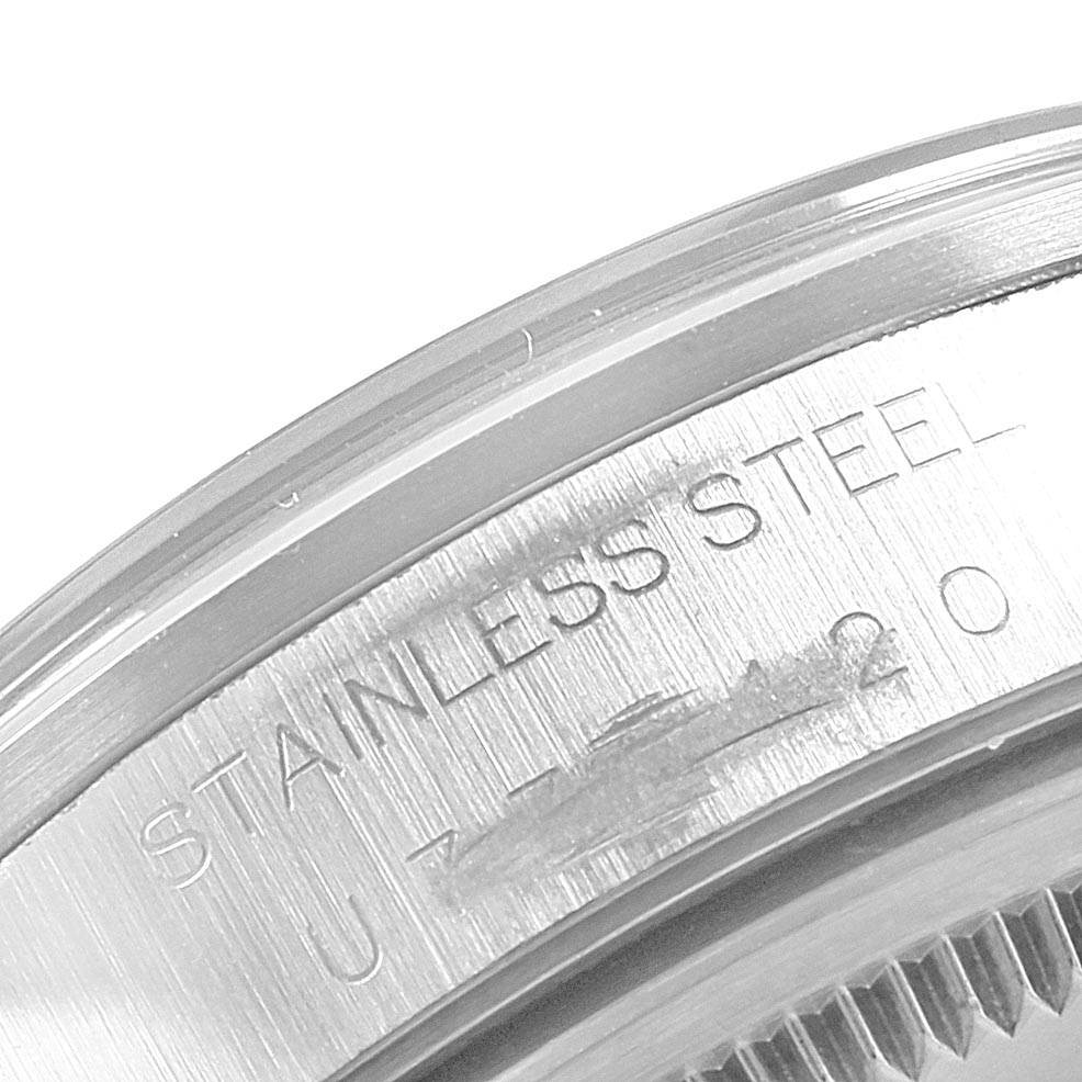 This close-up image shows the steel case side with engravings of the Rolex Air-King 14000 Men's Stainless Steel Black Dial 14000 Men's Stainless Steel Black Dial watch.