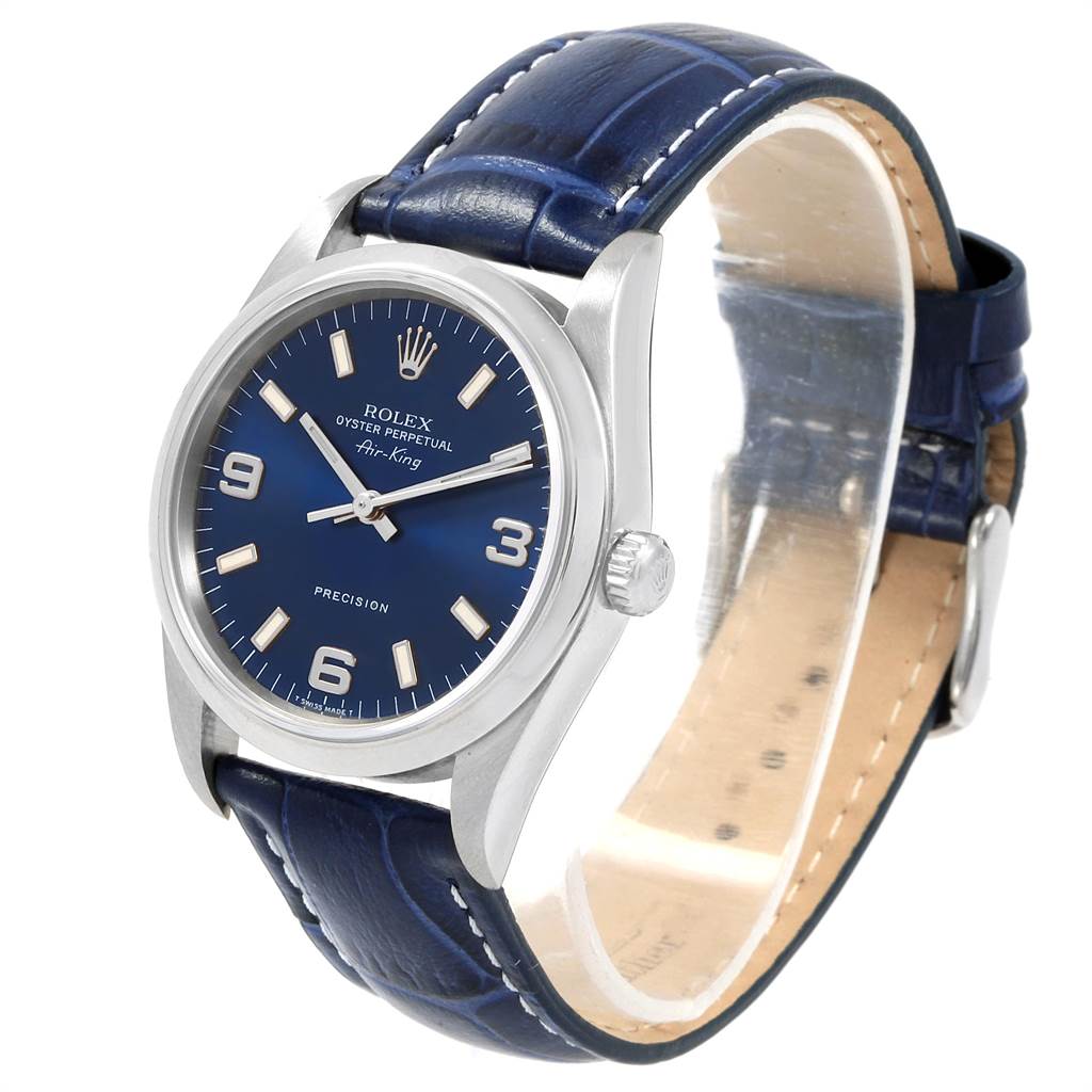 This image shows a side angle view of the Rolex Air-King 14000 Men's Stainless Steel Blue Dial 14000 Men's Stainless Steel Blue Dial watch, highlighting the dial, case, and blue leather strap.
