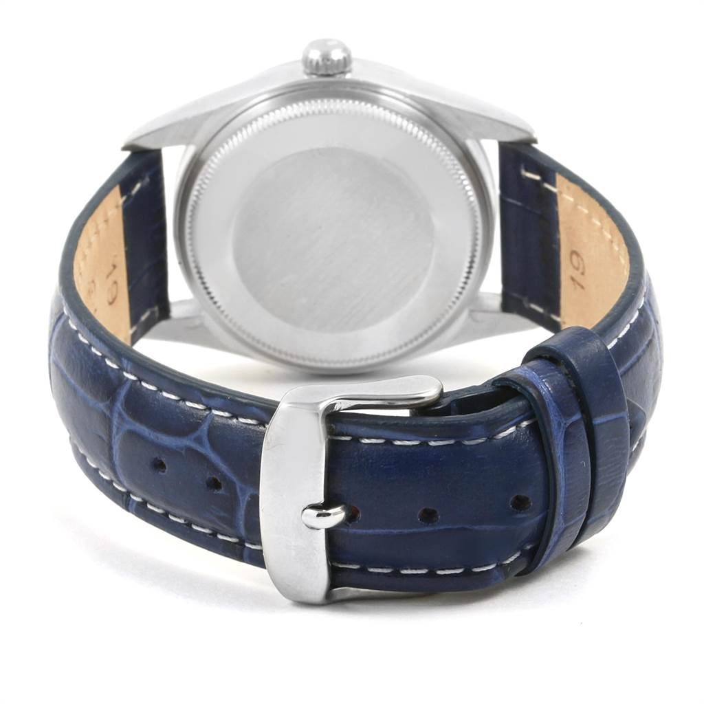 This image shows the back view of a Rolex Air-King 14000 Men's Stainless Steel Blue Dial 14000 Men's Stainless Steel Blue Dial watch with a blue leather strap and stainless steel case.