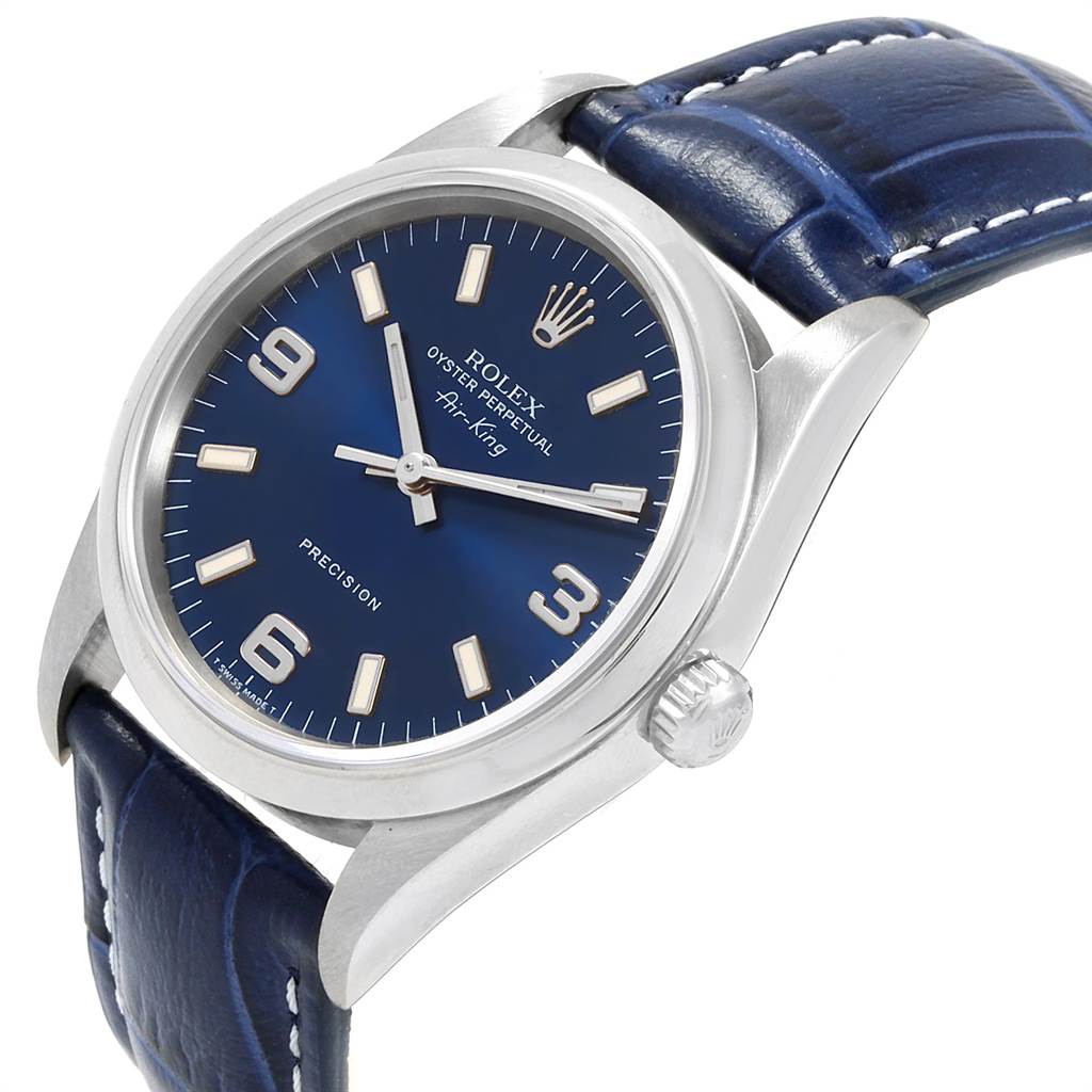 The image shows a Rolex Air-King 14000 Men's Stainless Steel Blue Dial 14000 Men's Stainless Steel Blue Dial watch at an angled view, highlighting its blue dial, silver case, and blue leather strap.