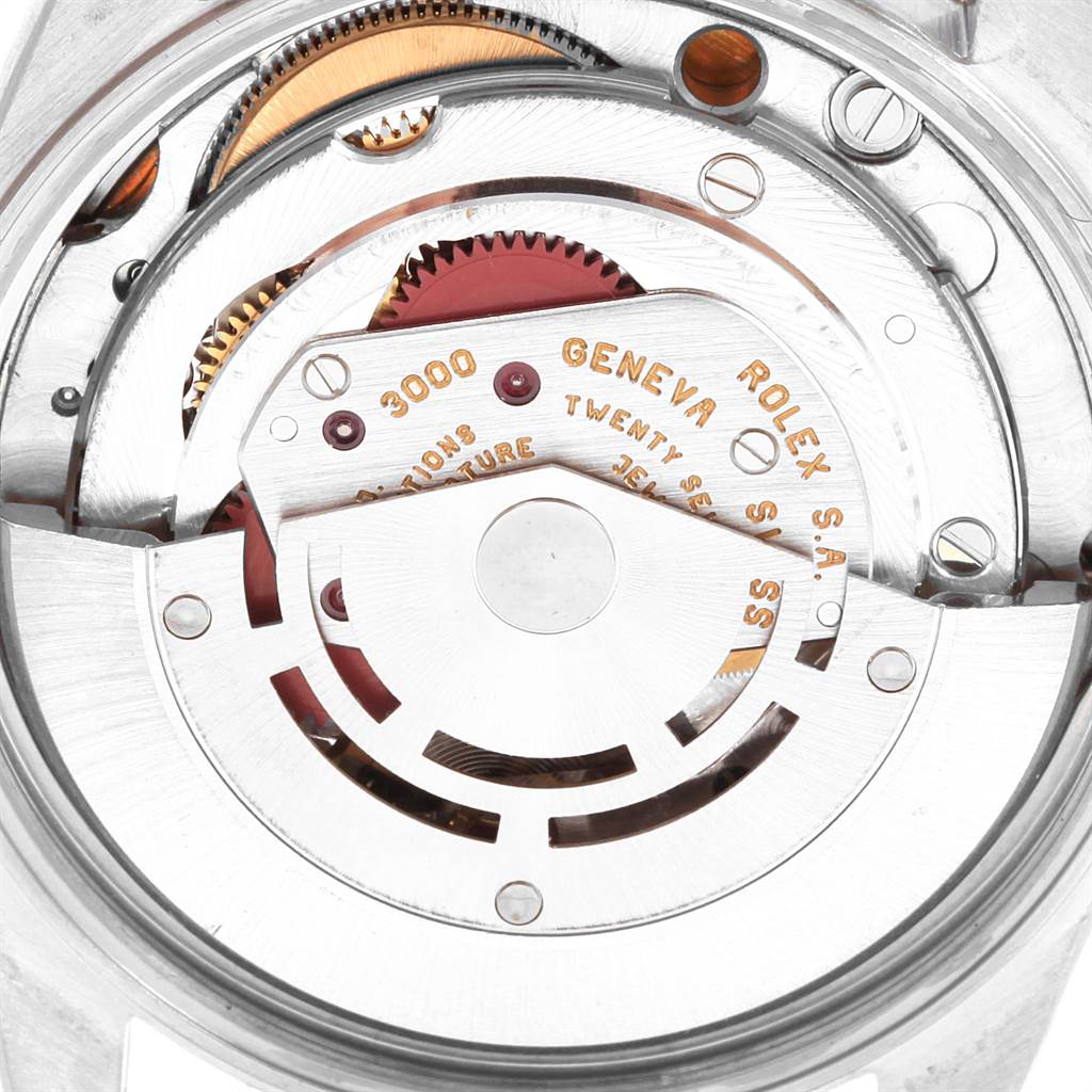 The image shows a close-up view of the Rolex Air-King 14000 Men's Stainless Steel Blue Dial 14000 Men's Stainless Steel Blue Dial watch's inner mechanism and movement components.