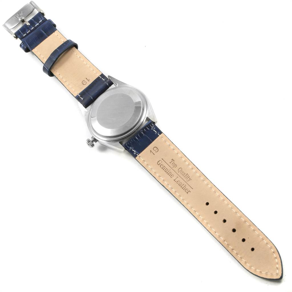 The image shows the back case and leather strap of a Rolex Air-King 14000 Men's Stainless Steel Blue Dial 14000 Men's Stainless Steel Blue Dial watch from a top-down angle.