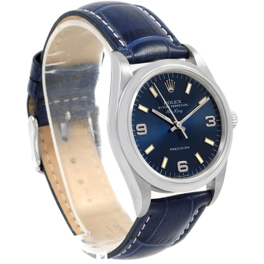 The image shows a Rolex Air-King 14000 Men's Stainless Steel Blue Dial 14000 Men's Stainless Steel Blue Dial watch at a slight angle, highlighting its blue face, markings, and leather strap.