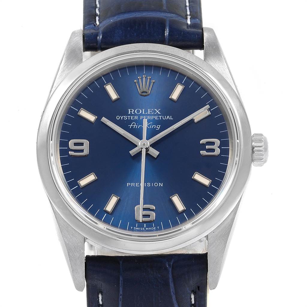 This image shows a frontal view of a Rolex Air-King 14000 Men's Stainless Steel Blue Dial 14000 Men's Stainless Steel Blue Dial watch with a blue dial and a blue leather strap.
