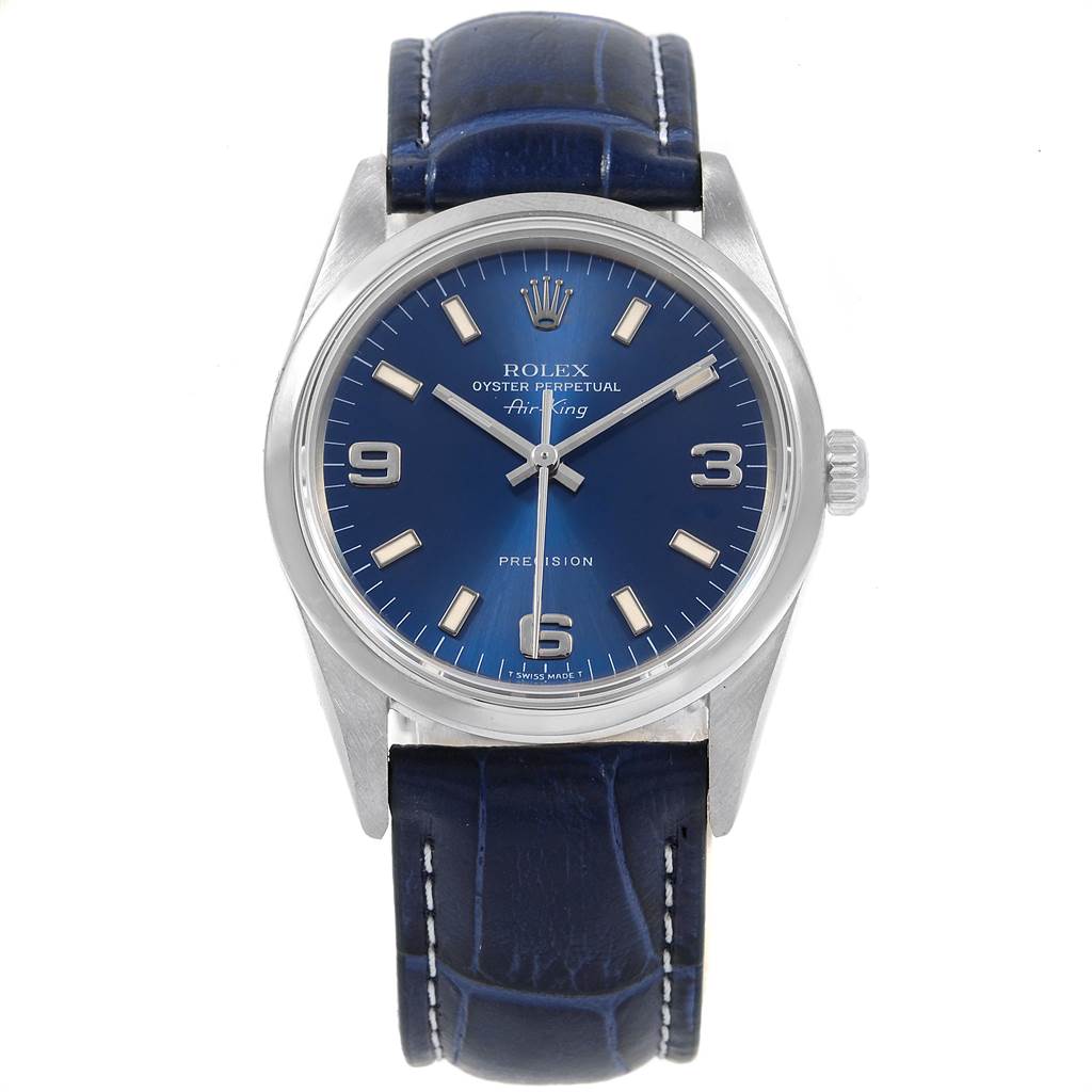 This image shows a Rolex Air-King 14000 Men's Stainless Steel Blue Dial 14000 Men's Stainless Steel Blue Dial model watch from the front, displaying its blue dial and blue leather strap.