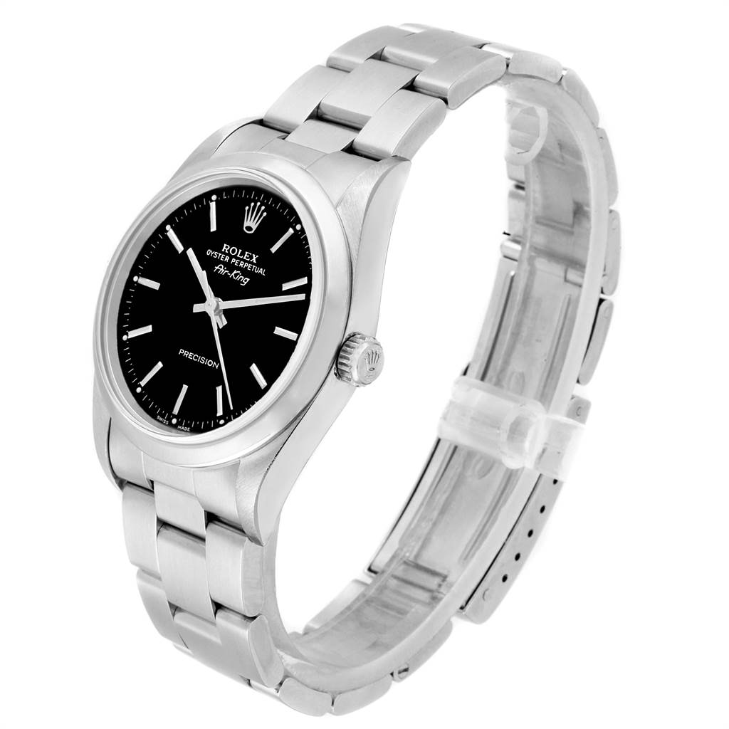 The image shows a Rolex Air-King 14000 Men's Stainless Steel Black Dial 14000 Men's Stainless Steel Black Dial watch at a three-quarter angle, highlighting the face, bracelet, and crown.