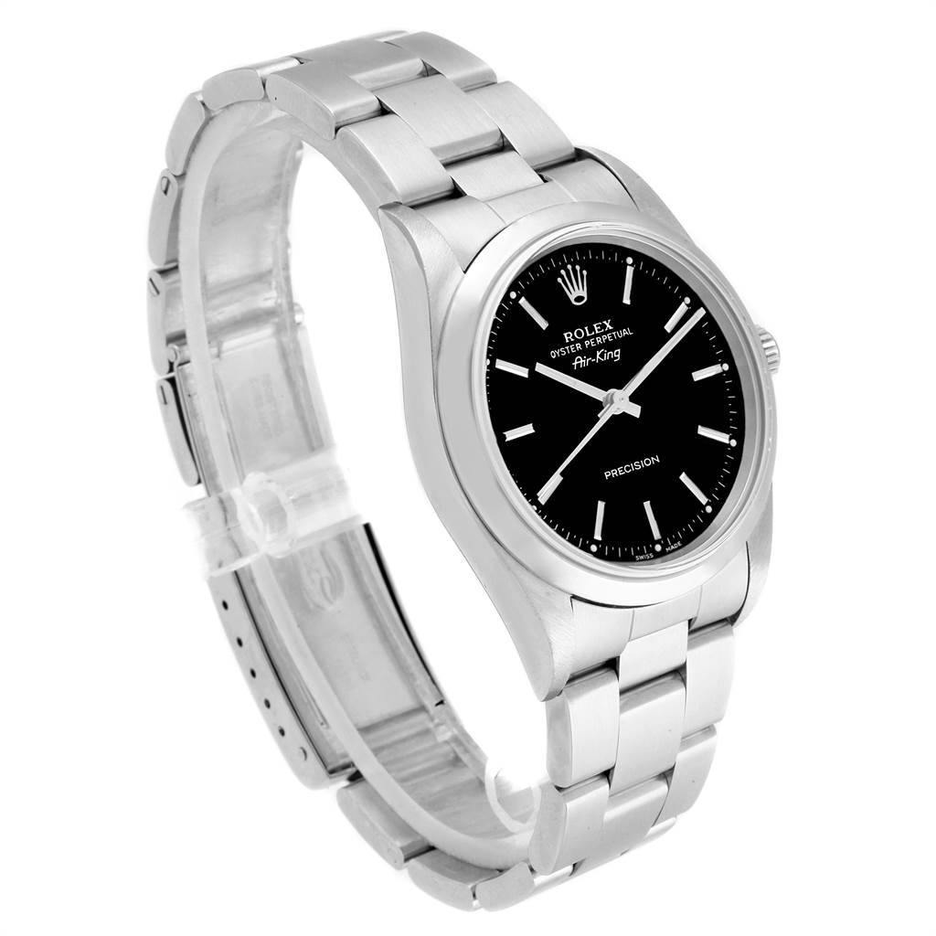 This image shows a Rolex Air-King 14000 Men's Stainless Steel Black Dial 14000 Men's Stainless Steel Black Dial watch at a three-quarter angle, highlighting its black dial and stainless steel bracelet.