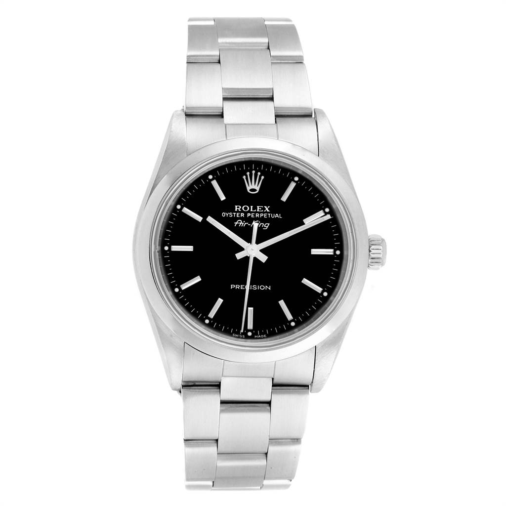 The image shows a Rolex Air-King 14000 Men's Stainless Steel Black Dial 14000 Men's Stainless Steel Black Dial watch from a top-down angle, displaying the face, bezel, and bracelet.