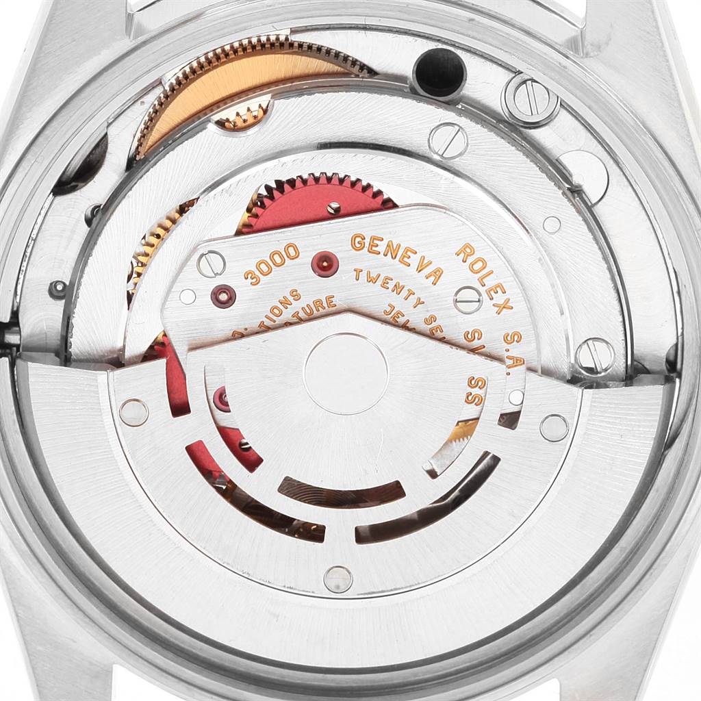 This image shows a close-up of the movement mechanism of the Rolex Air-King 14000 Men's Stainless Steel Black Dial 14000 Men's Stainless Steel Black Dial watch.