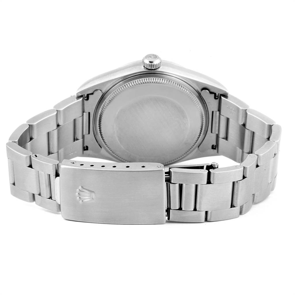 The image depicts the back of a Rolex Air-King 14000 Men's Stainless Steel Black Dial 14000 Men's Stainless Steel Black Dial watch, showing the case back, crown, and the clasp with the bracelet.