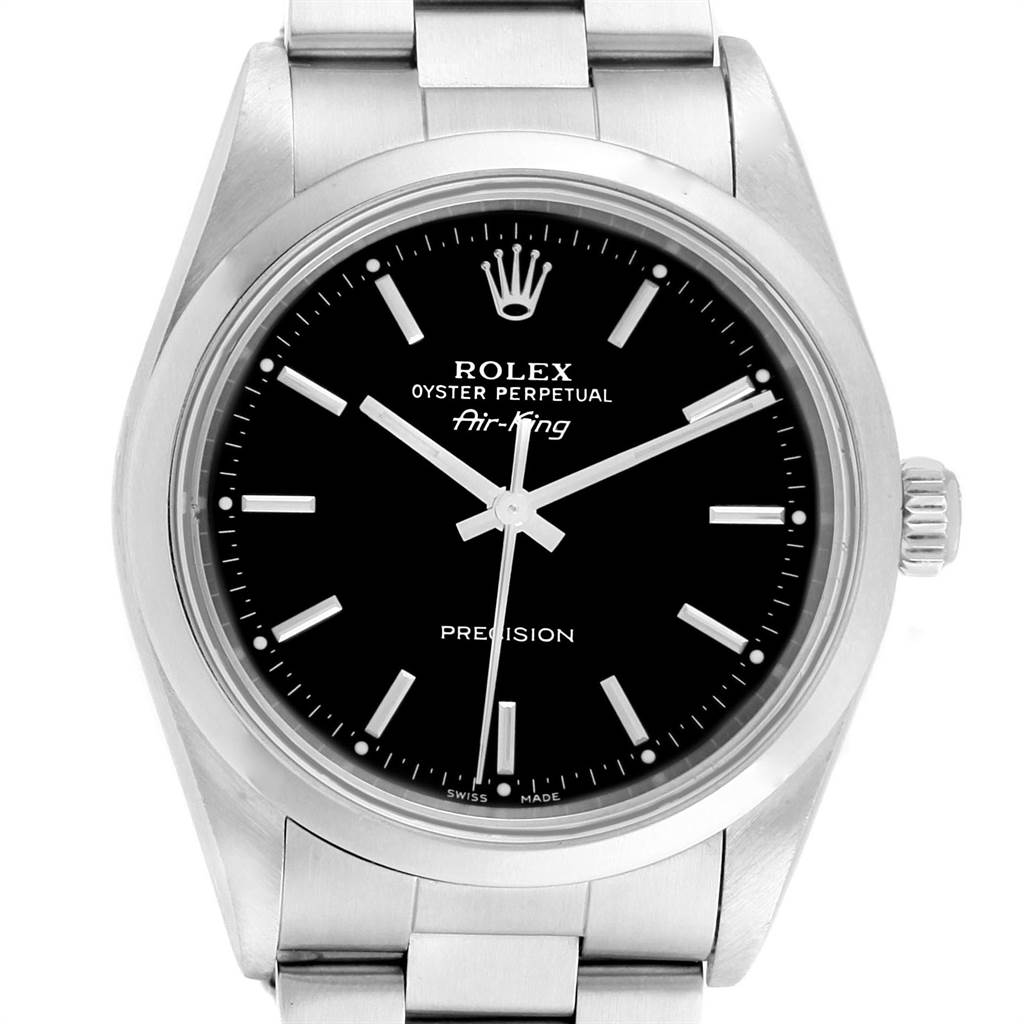 This Rolex Air-King 14000 Men's Stainless Steel Black Dial 14000 Men's Stainless Steel Black Dial watch is shown from the front, displaying the face, bezel, and part of the bracelet.