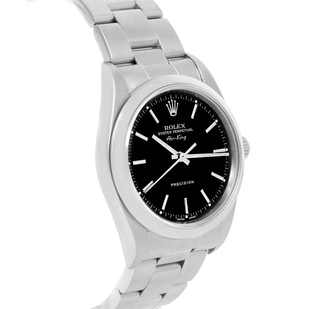 The image shows a Rolex Air-King 14000 Men's Stainless Steel Black Dial 14000 Men's Stainless Steel Black Dial watch at a front-side angle, highlighting its black dial, silver case, and stainless steel bracelet.