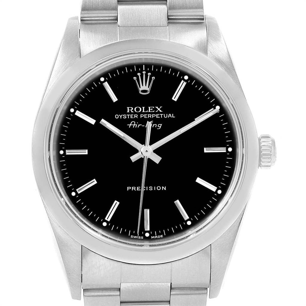 The image shows a front view of a Rolex Air-King 14000 Men's Stainless Steel Black Dial 14000 Men's Stainless Steel Black Dial watch displaying the black dial, hour markers, hands, and part of the stainless steel bracelet.