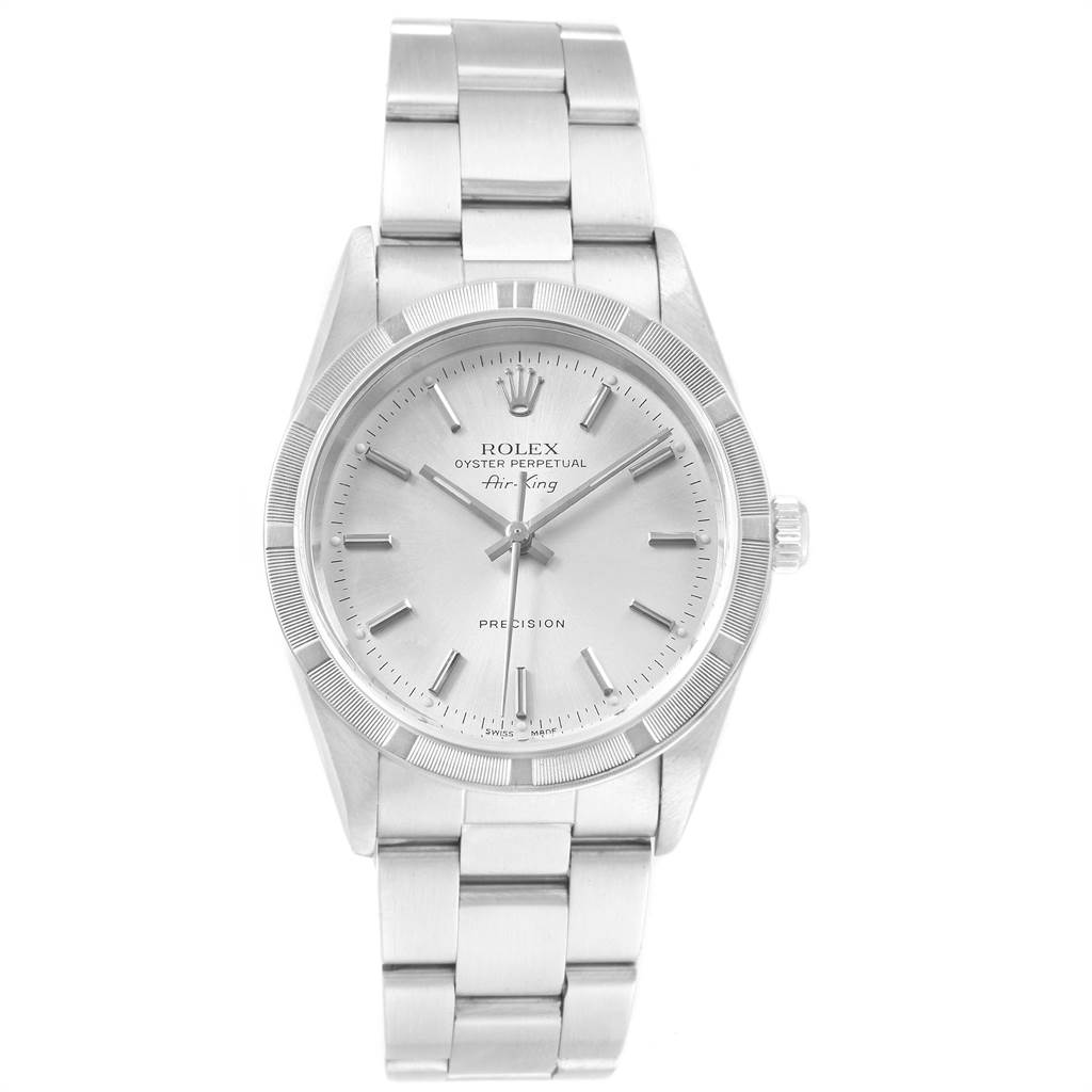 The image shows a front view of a Rolex Air-King 14010 Men's Stainless Steel Silver Dial 14010 Men's Stainless Steel Silver Dial watch, highlighting its face, bezel, and stainless steel bracelet.