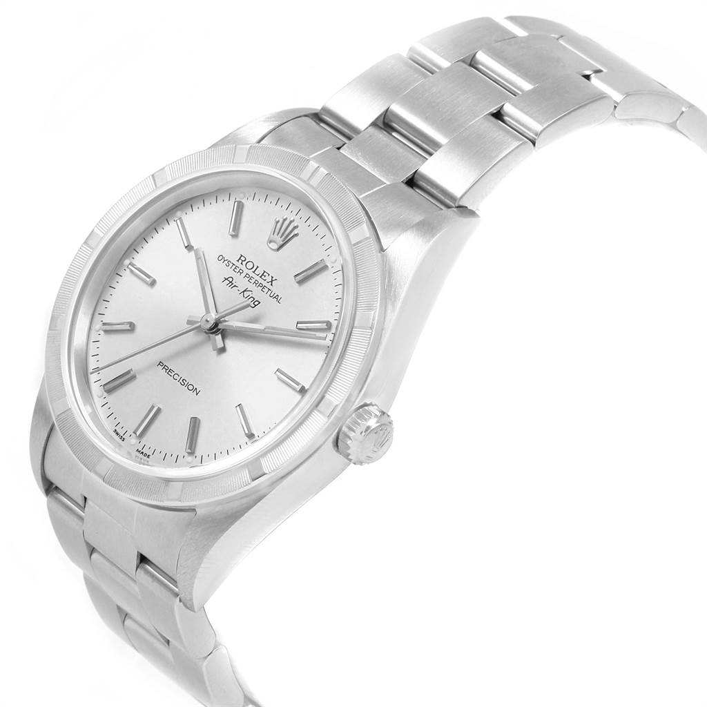 The image shows a Rolex Air-King 14010 Men's Stainless Steel Silver Dial 14010 Men's Stainless Steel Silver Dial watch at an angled view, highlighting the face, crown, and metal bracelet.